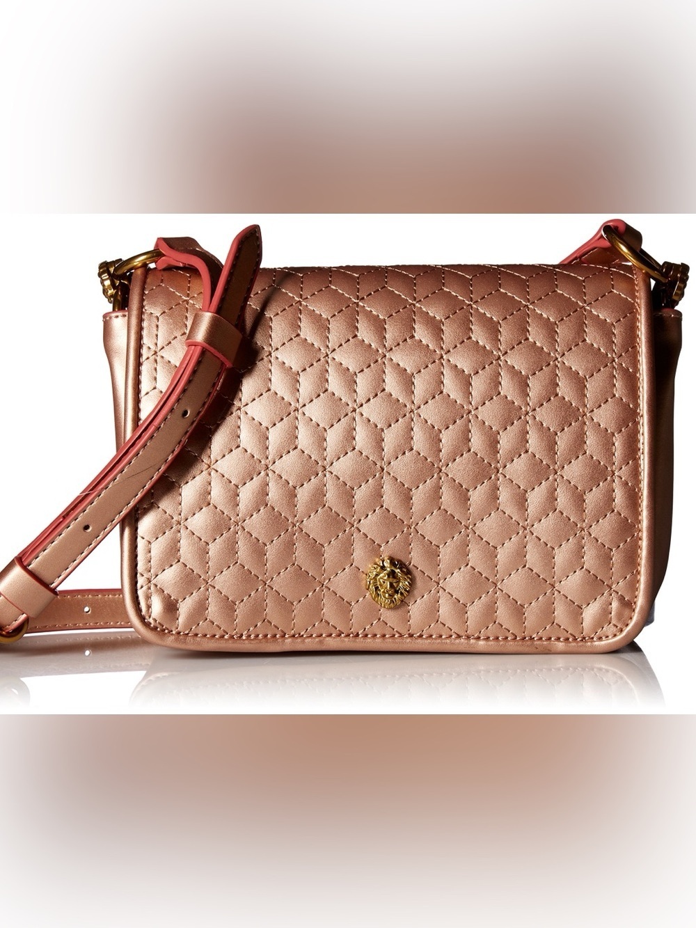 Anne Klein Metallic Rose Quilted Crossbody with Coral-Trim Strap